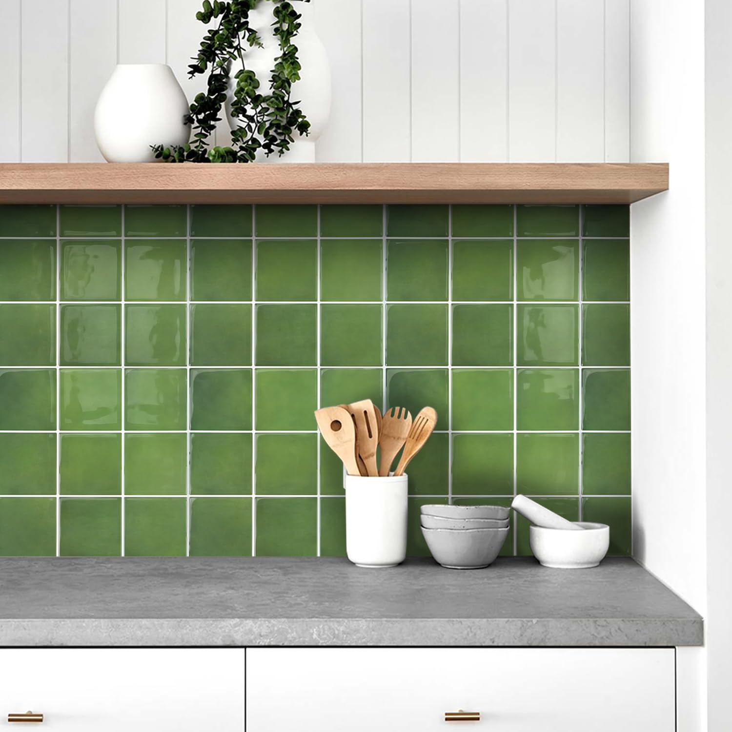 COMSTICKC Más Grueso Azulejos Adhesivos 3D Verde, 10 Piezas, Azulejos Autoadhesivos 3D de Vinilo, Paneles de Pared 3D para Salpicadero en Cocina y Baño, Impermeables, 30.5 x 30.5 cm, 2,5 mm de Grosor