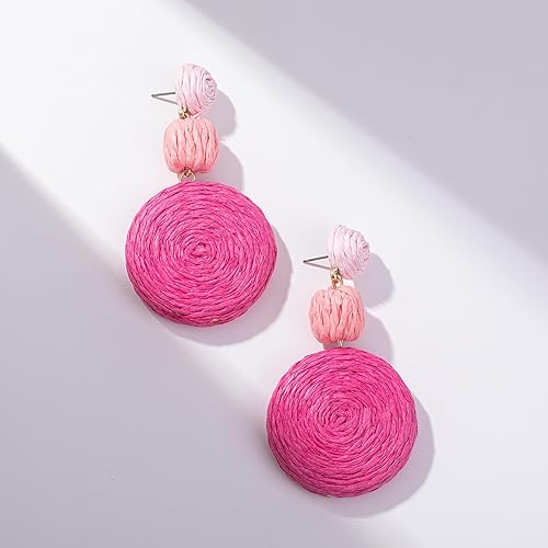 Miniatura 3 de Statement Raffia - Aretes redondos de bola colgantes de rafia, bonitos aretes bohemios hechos a mano para el verano para mujer
