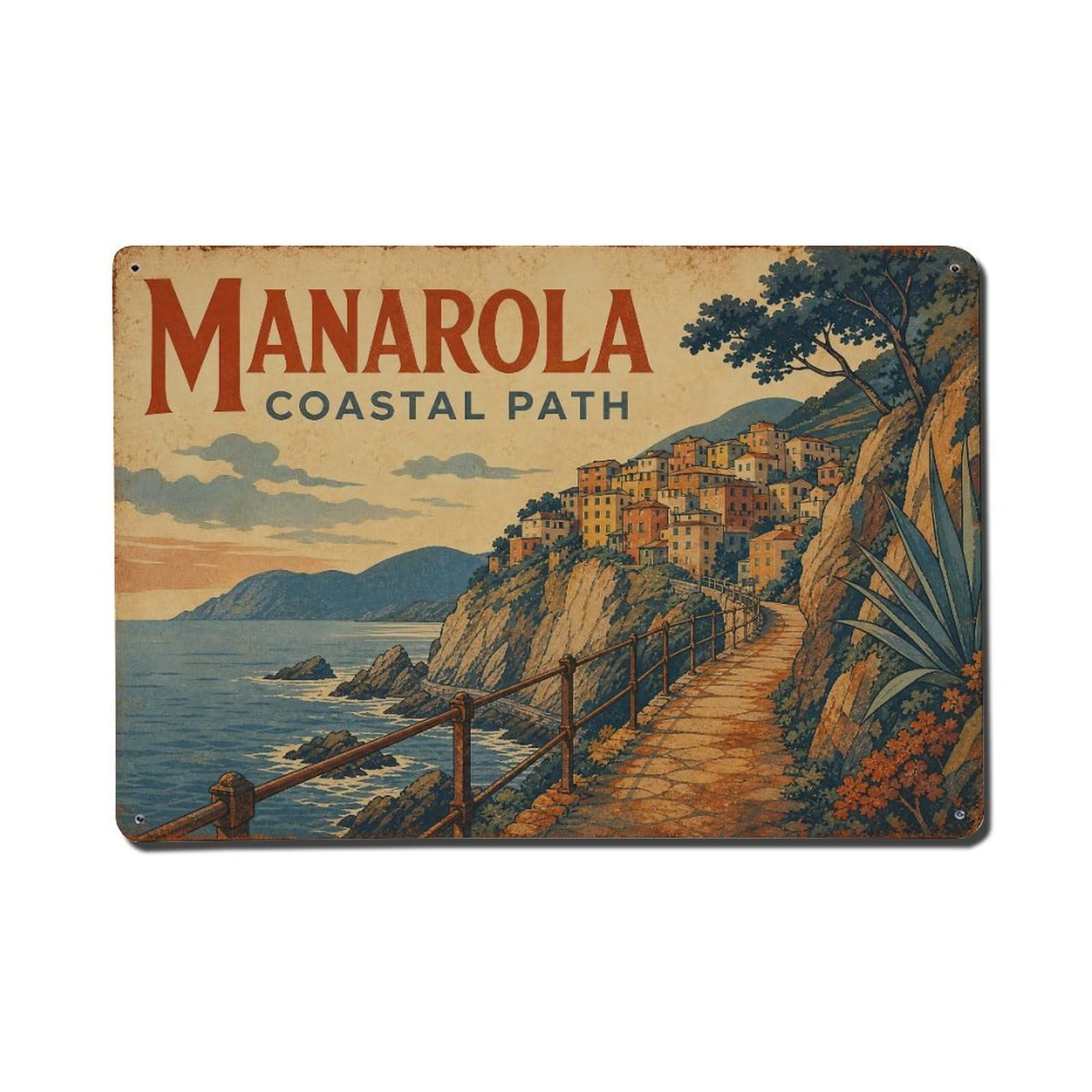Vintage Travel Manarola Coastal Path Scenic Walking Trail Metal Tin Sign