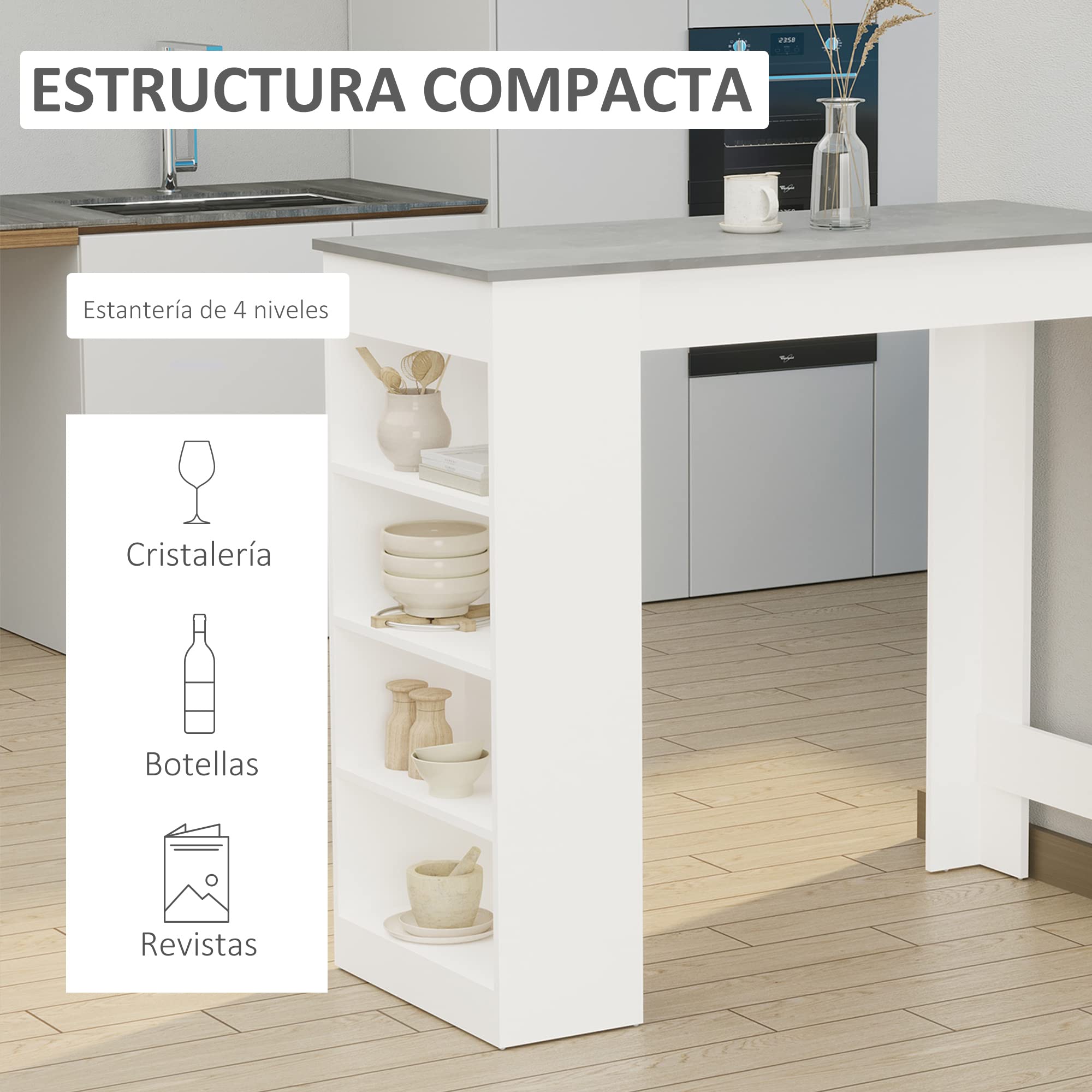 HOMCOM Mesa de Bar Mesa Alta con Estantería 115x50x102,7 cm Blanco y Gris | Tipo Bistró de Cocina, 4 Niveles, Estilo Moderno, Melamina, para Comedor Salón