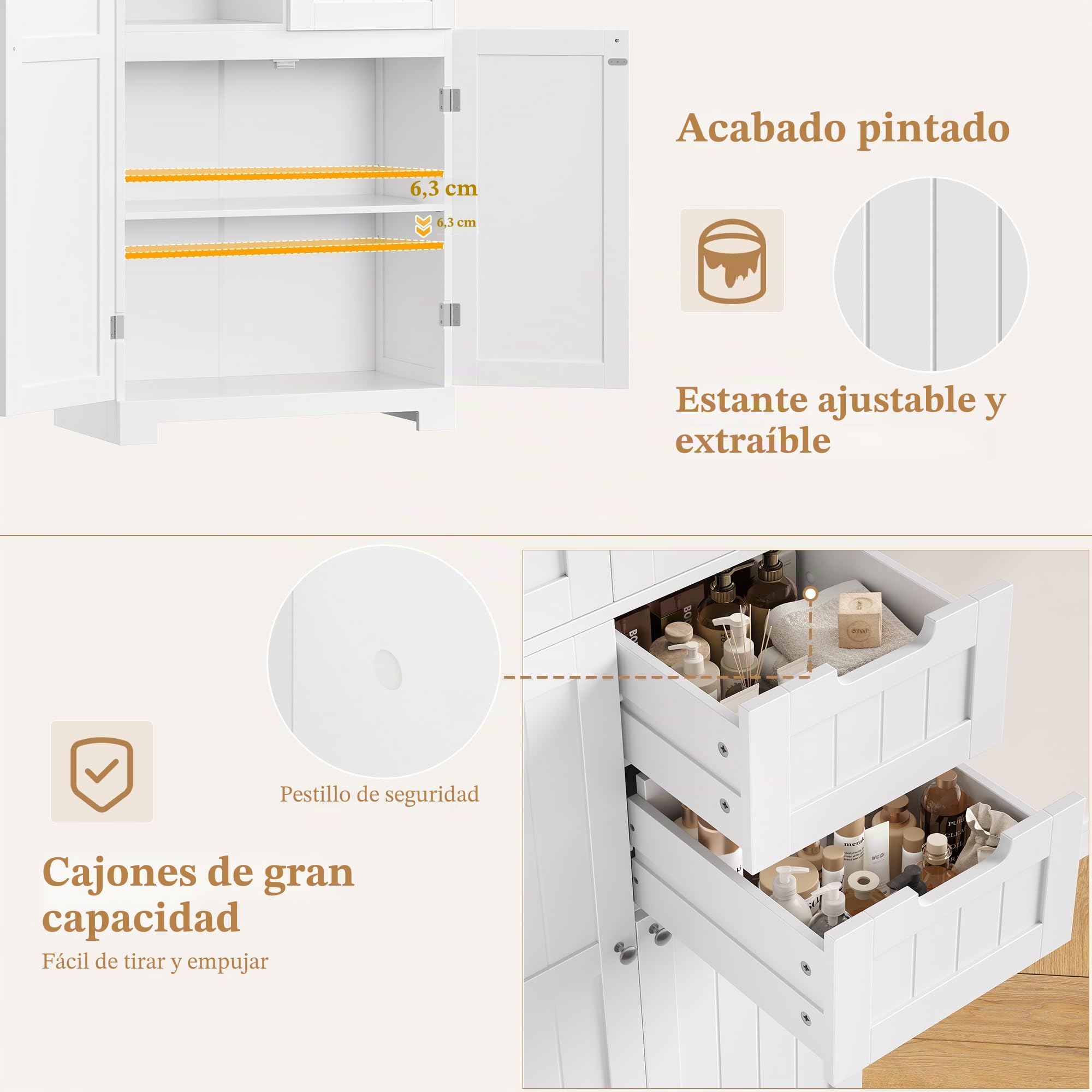 HOCSOK Armario alto de baño con 4 puertas y 2 cajones, armario de cocina alto para salón, cocina, comedor, oficina, 164,5 x 60 x 30 cm, color blanco