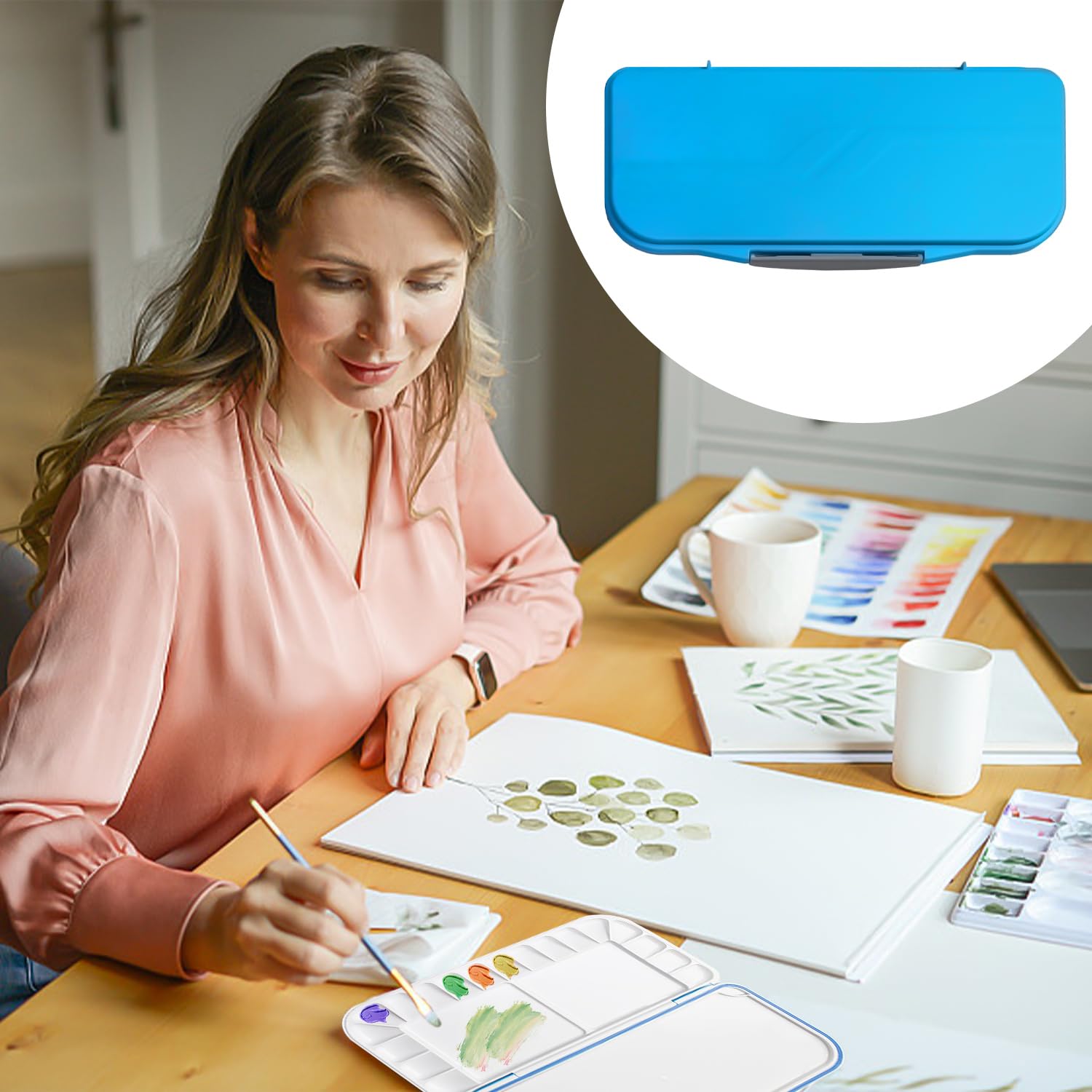 Caja Paleta De Acuarela Azul Portátil - 18 Compartimentos Y Tapa Sellada Para Mantener Pintura Húmeda, Ideal Para Viajes Y Niños