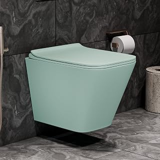 SYON Wall Mounted Rimless Toilet Commode with Soft Close Seat Cover | Space Saving Modern Western Toilet for Bathroom | Ceramic Wall Hung Commode (48 x 34.5 x 36 cm) (Olive Green)
