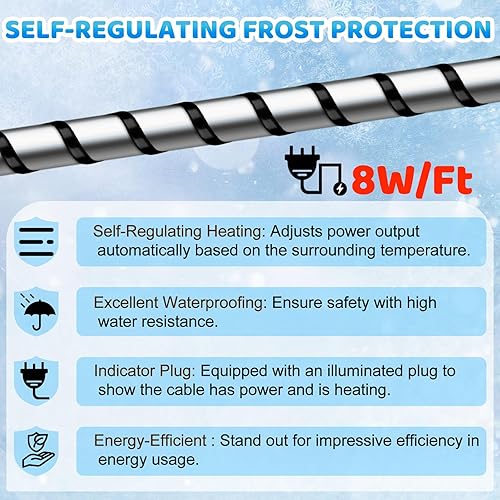 Miniatura 4 de Cinta térmica de tubería de agua, cable de calefacción autorregulable con enchufe indicador de alimentación, termostato integrado, cable de