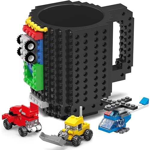 DAYMOO Build-on Brick Mug Set with 3 Random Packs of 2-in-1 Bricks, Cool Coffee Mugs for Kids, Creative Novelty Funny Coffee Mug Cup Gift for Kids Men Dad Adults Women Xmas Christmas - Black
