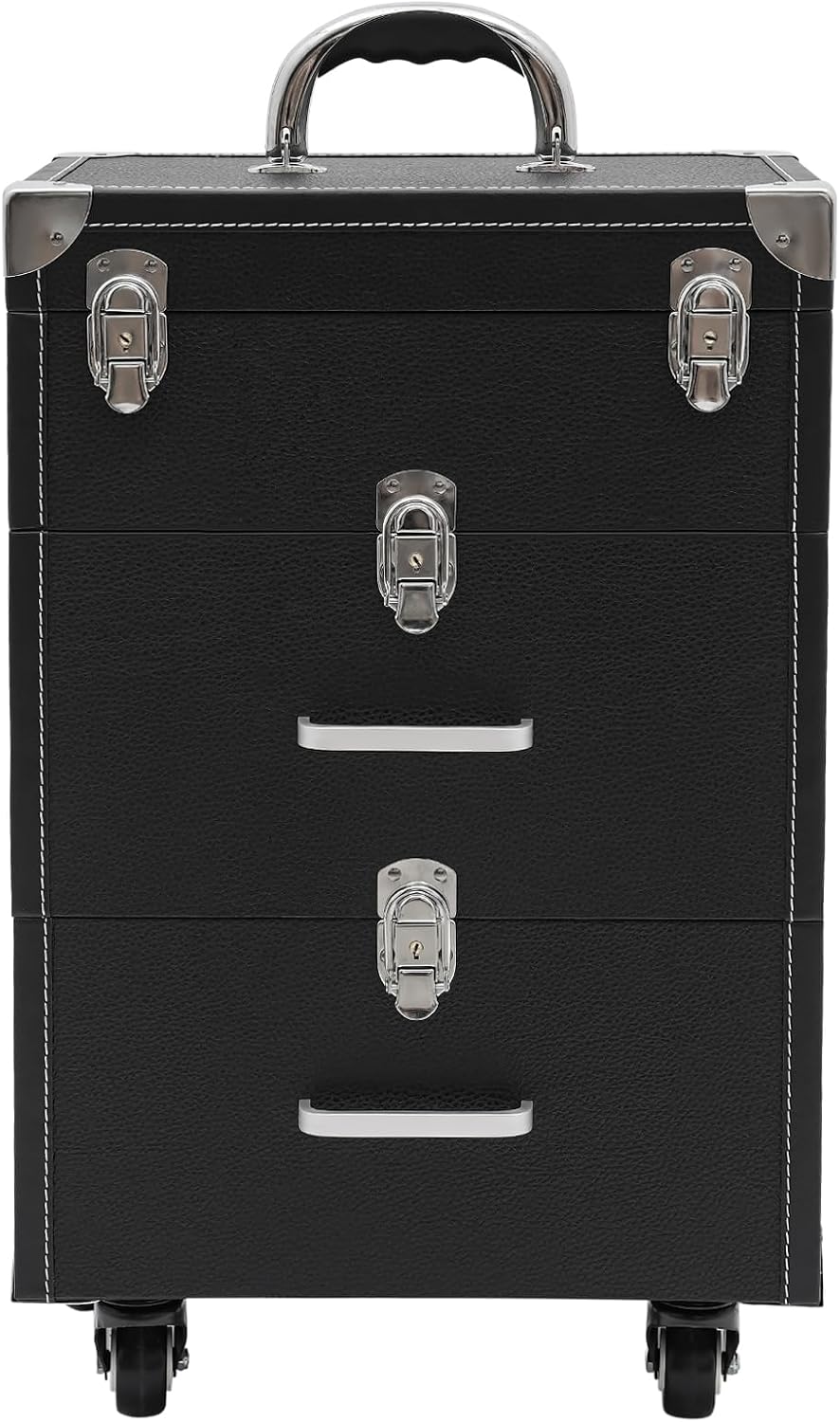 Rolling Makeup Train Case, Professional Manicure Storage Organizer Aluminum Cosmetic Trolley with Drawers Travelling Cart Trunk for Nail Technicians Cosmetologists Stylists (Black-C)