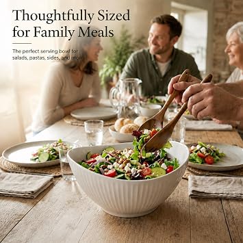 Ceramic Large Salad Bowl 26cm/10'',1700ml Oval Serving Bowl with Wooden Spoon & Fork, Lightweight White Fruit Bowl for Entertaining, Dinner Parties, Family Gatherings, Microwave & Dishwasher Safe