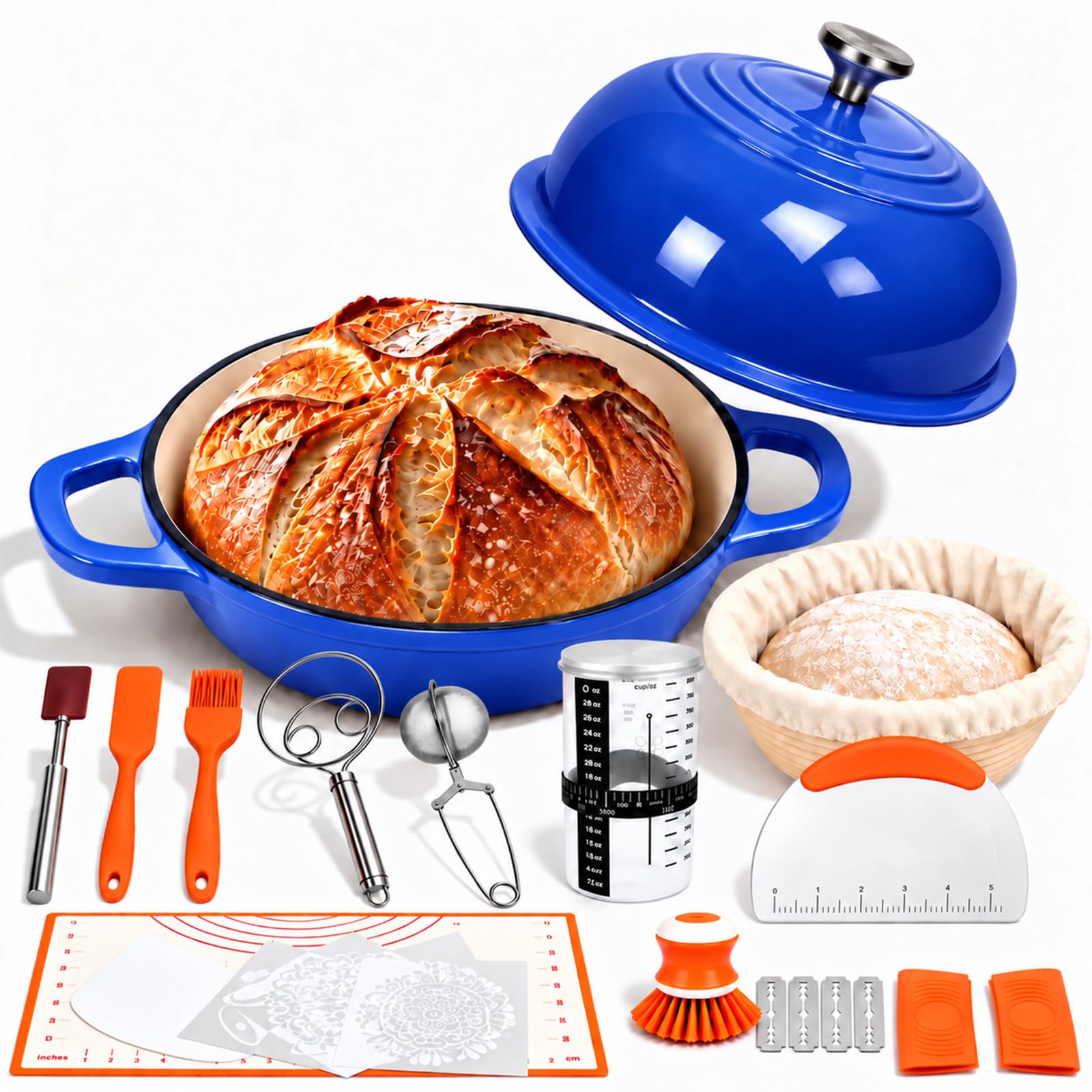 GFTIME Sourdough Baking Kit, 4.7L Enamelled Cast Iron Dutch Oven,24cm,Blue