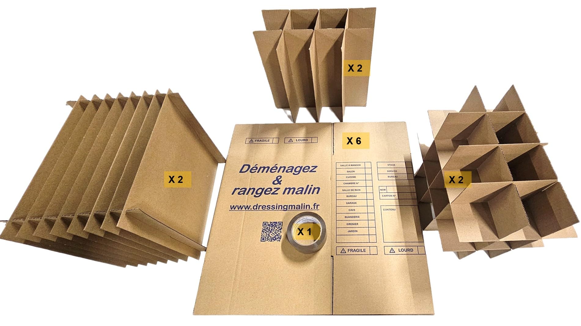 Kit Déménagement Vaisselle – 6 cartons multi-usage (34x26x32 cm, 28L), 6 séparateurs 2 x 9 assiettes, 2 x 36 verres, 2 x 12 bouteilles, 1 rouleau adhésif Havane (4,6 cm x 68 m)