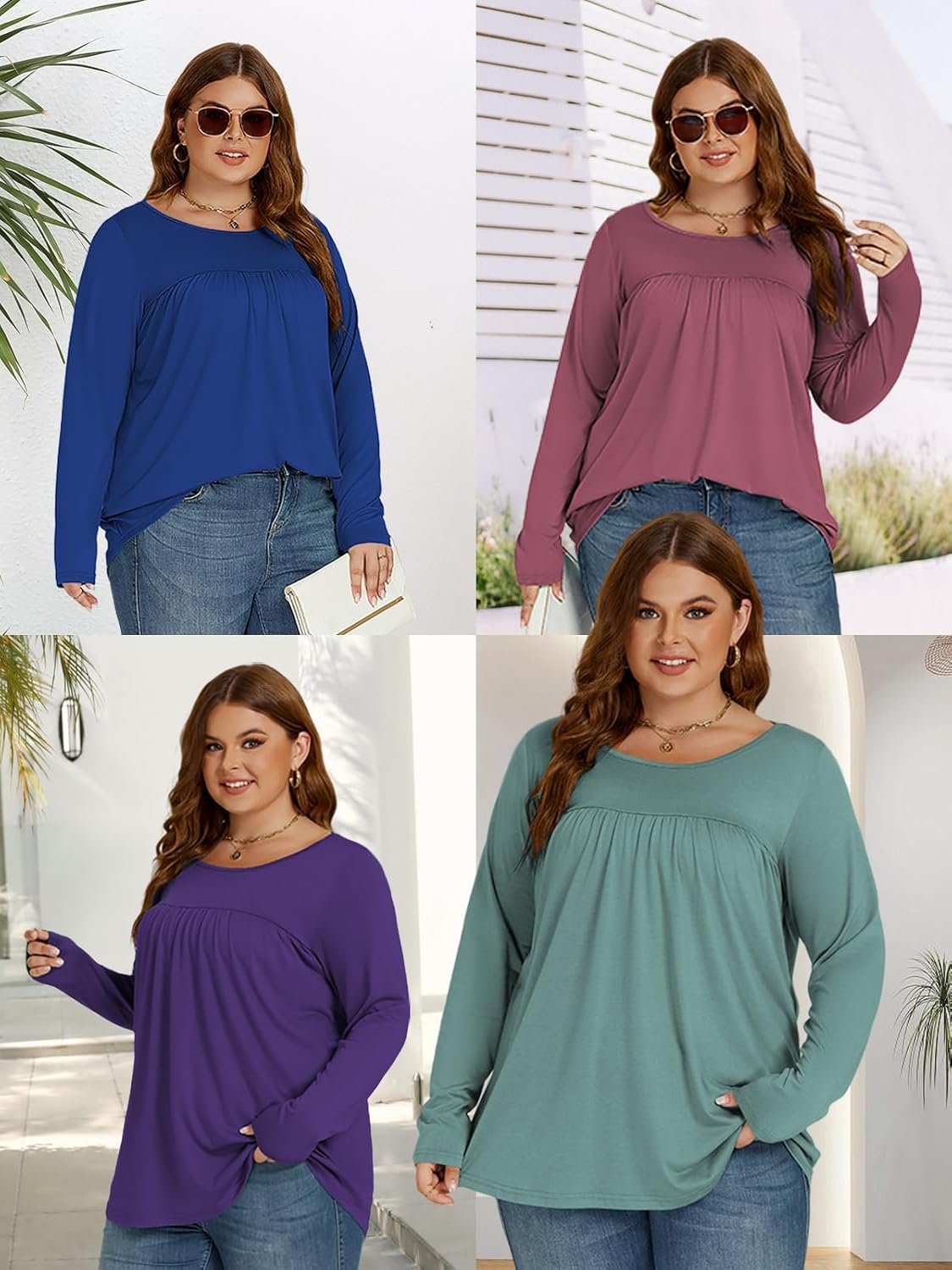 VISLILY Womens-Plus-Size-Tops Dressy Long Sleeve T Shirts Trendy Flowy Pleated Casual Crewneck Blouses Loose Tunics XL-5XL - Image 5