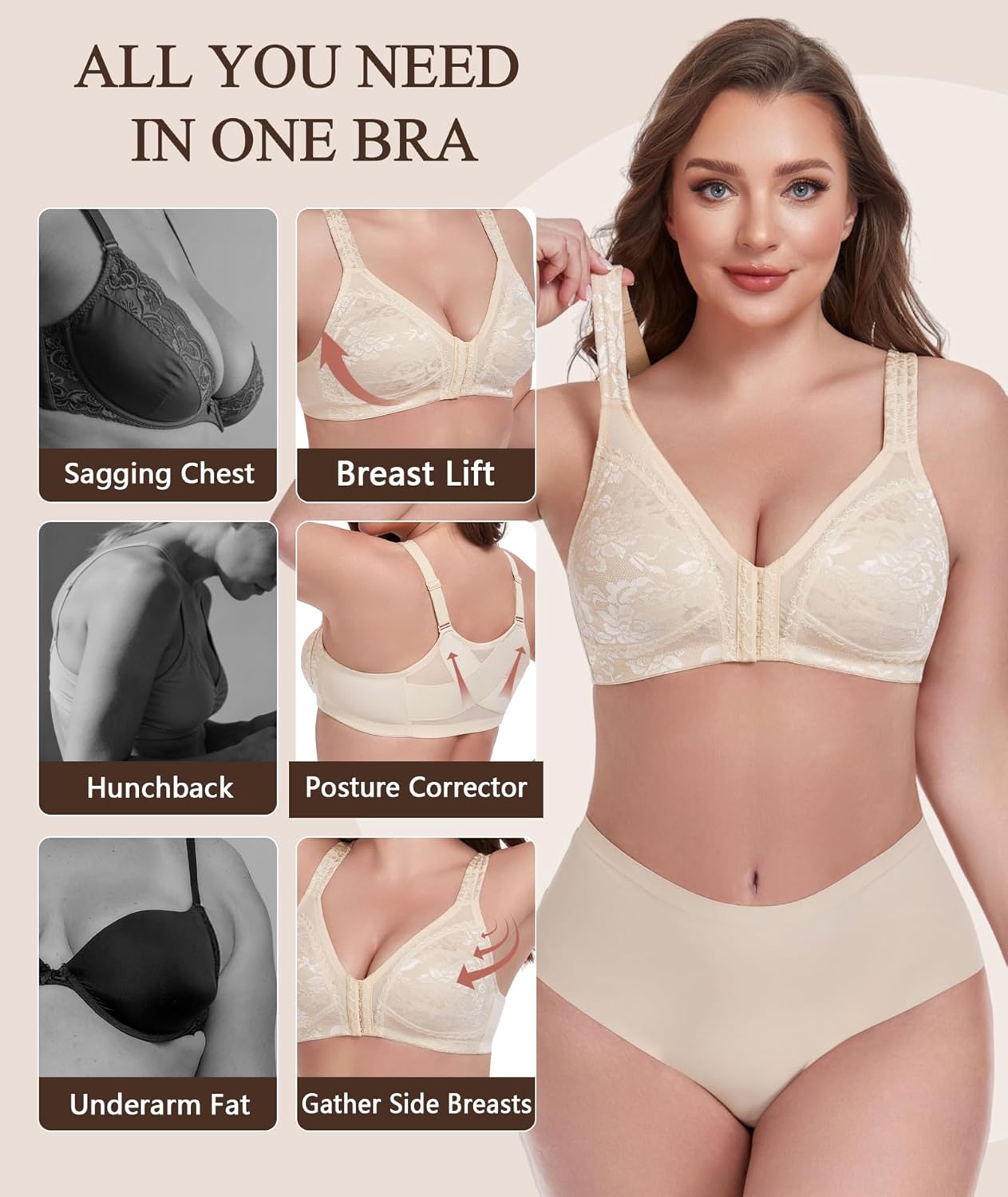 Women's Full Coverage Front Closure Bra Back Support Posture Comfort Wirefree Non Padded Plus Size - Image 4