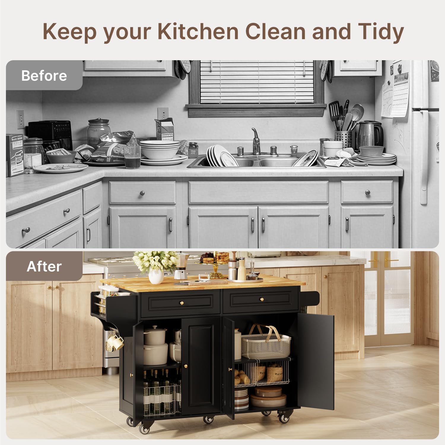 Ahomly 47'' Rolling Kitchen Island with Drop Leaf, Kitchen Island with Spice Rack & Towel Rack, 2 Drawer, Kitchen Island Cart with with Rubberwood Top, Mobile Island Table for Kitchen, Black