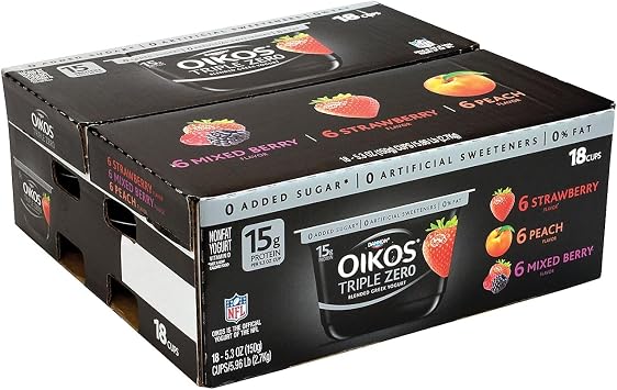 Nonfat Greek Yogurt, Blended, Triple Zero, 5.3 oz, Strawberry/Mixed Berry/Vanilla, 18/Carton by DANNON