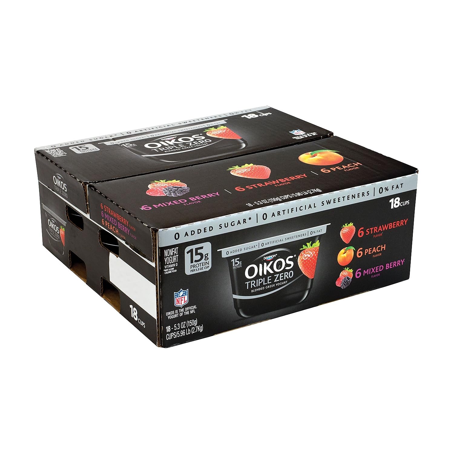 Nonfat Greek Yogurt, Blended, Triple Zero, 5.3 oz, Strawberry/Mixed Berry/Vanilla, 18/Carton by DANNON