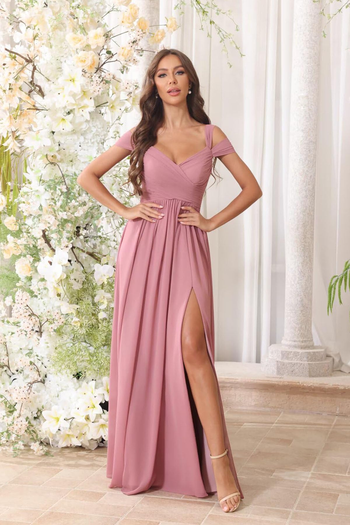JAEDEN Off Shoulder Chiffon Brautjungfernkleider Damen Lang Abendkleider A-Linie Hochzeitsgäste Kleider