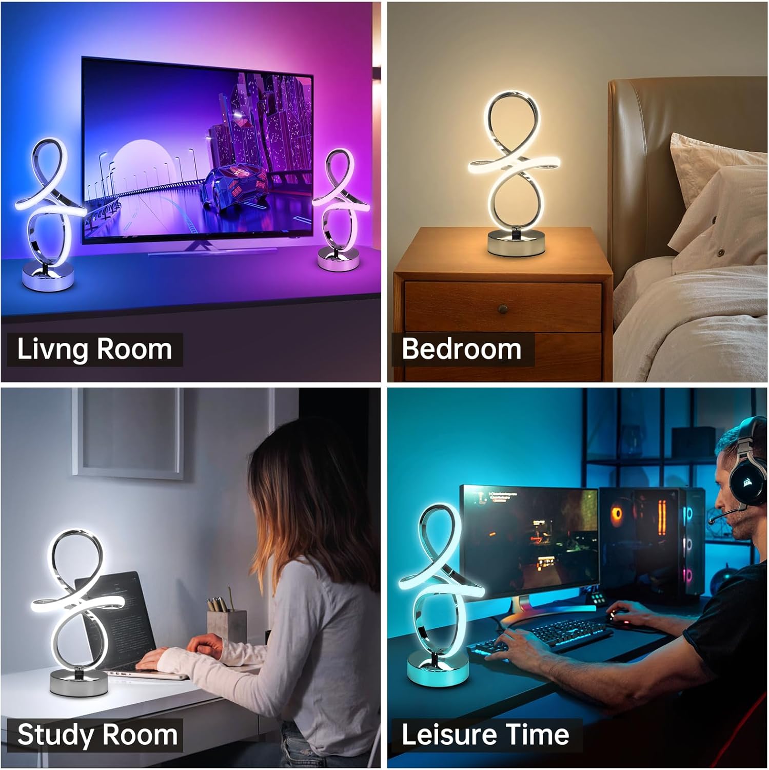 Modern RGB Table Lamps, LED Spiral Table Lamp, Silver Bedside Lamp with Remote&APP, Multicolor Changing Nightstand Lamp with Music Rhythm Modes for Bedroom, Living Room, Gaming Room, Christmas Gifts