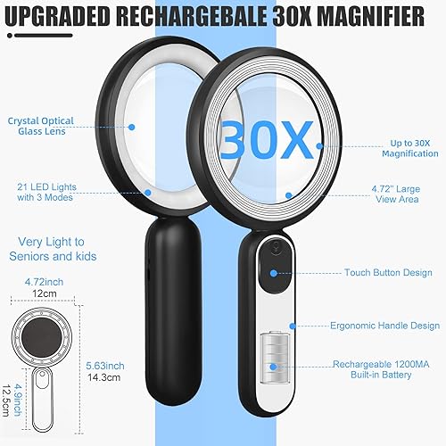 Miniatura 4 de Lupa recargable con luz, 30 x 4.7 pulgadas de mano, grande, ligera, con luz de aumento, 21 LED, 3 modos, lupa iluminada para libros, para niños,
