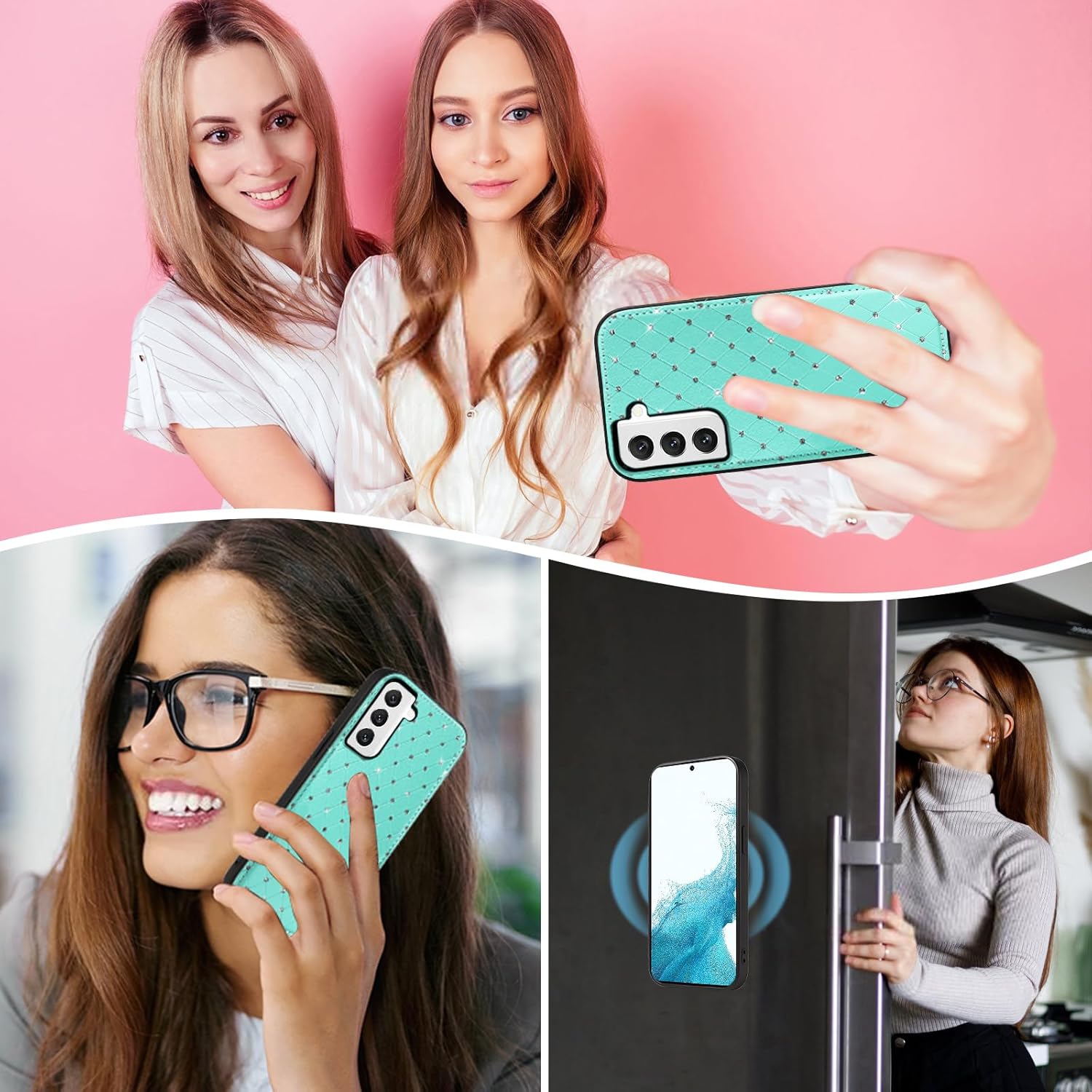 Asuwish Phone Case for Samsung Galaxy S22 5G Zipper Wallet Detachable Cell Cover with Tempered Glass Screen Protector Crossbody Strap Bling Flip Credit Card Holder S 22 22S 4G G5 6.1 inch Women Green