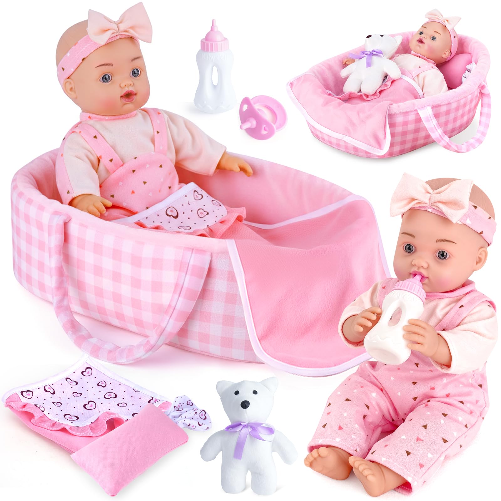 12" Baby Doll Set, Baby Doll Bassinet with Accessory for Toddlers