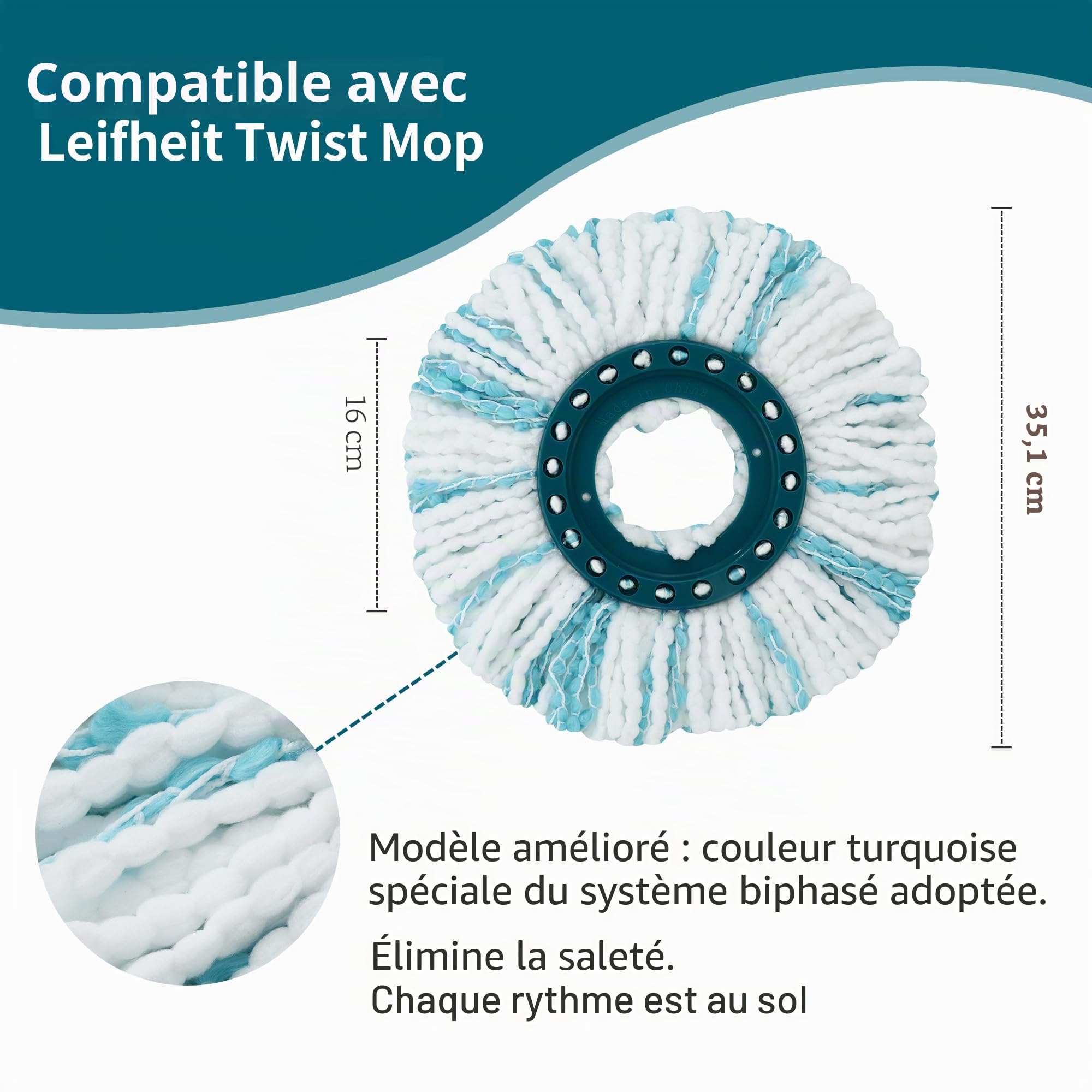 6 Pièces pour Leifheit Têtes de Rechange, Compatible pour Leifheit Clean Twist Disc Mop, Système à Fibres Balai pour Serpillière Franges de Remplacement, pour Tous Types de Sols