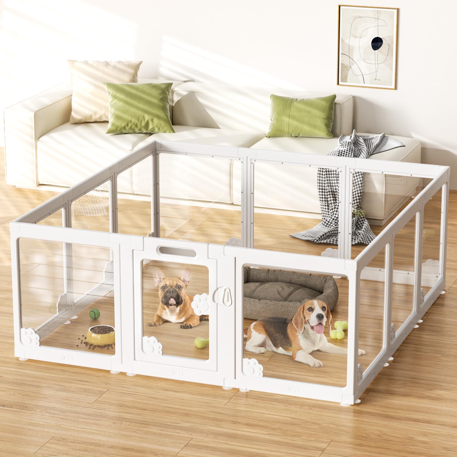 24" acrylic clear dog play pen indoors 12 panels, puppy playpen with door for small dogs puppies, transparent plastic pet playpen cage fence crate kennel for cat kitten rabbit bunny ferret etc