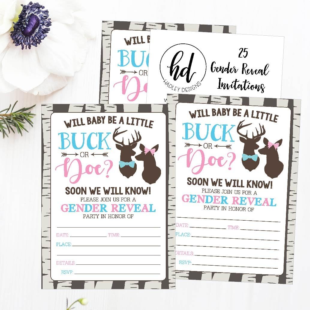 Hadley Designs 25 Buck or Doe Deer Gender Reveal Baby Shower Party Invitation Cards Pink Blue He She Personalized for Unisex Invite Guess If It's a Boy or Girl Fill In The Blank Printable Invite Pack