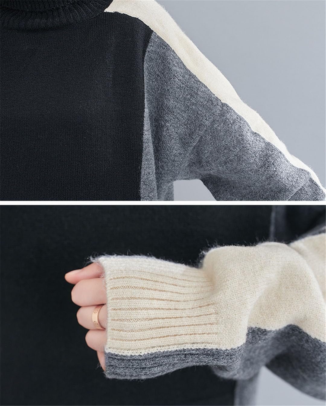 Vogrtcc Top da Donna Pullover Dolcevita Color Block Maglione Oversize da Donna di Media Lunghezza Allentato