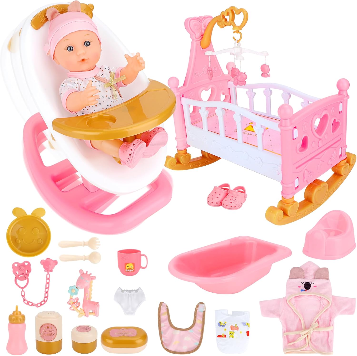 deAO Baby Doll Set Baby Doll Accessories 25Pcs Dolls Care Toy Play Set with Crib,High Chair,Milk,Bottle,Pacifier,Diaper Christmas Birthday Gift for Kids 3+ Years Old