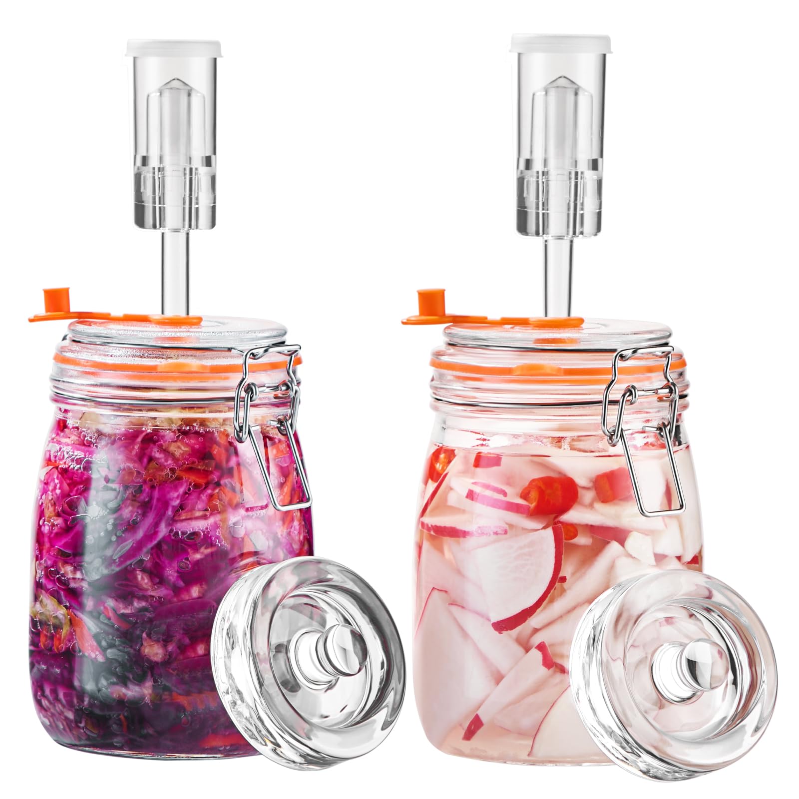 SwiftSlot 1.1L Round Glass Fermentation Jars with Weights, Ferment Sauerkraut, Hot Sauce, Mead & Cider, Set of 2