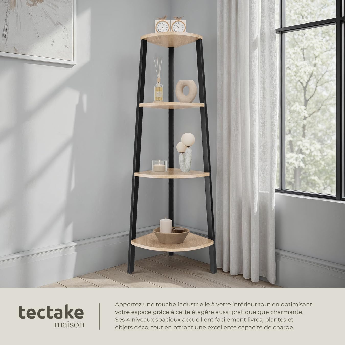 tectake® Étagère d'angle 34 x 34 x 125 cm, Bibliothèque, 4 Niveaux décalés, Style Industriel, Etagere Bois, Rangement Bureau Bibliotheque, Meuble Salon, Etagere Rangement Chambre, Bureau, Bois Clair