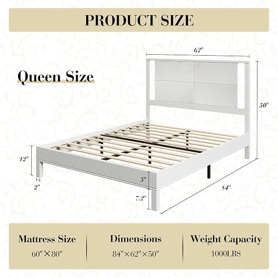 LUXOAK Queen Solid Wood Bed Frame with Unique Pattern Headboard, Minimalism Style Platform Bed with Wood Slats Support, No Box Spring Needed, Easy Assembly, Antique White