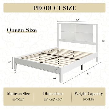 LUXOAK Queen Solid Wood Bed Frame with Unique Pattern Headboard, Minimalism Style Platform Bed with Wood Slats Support, No Box Spring Needed, Easy Assembly, Antique White