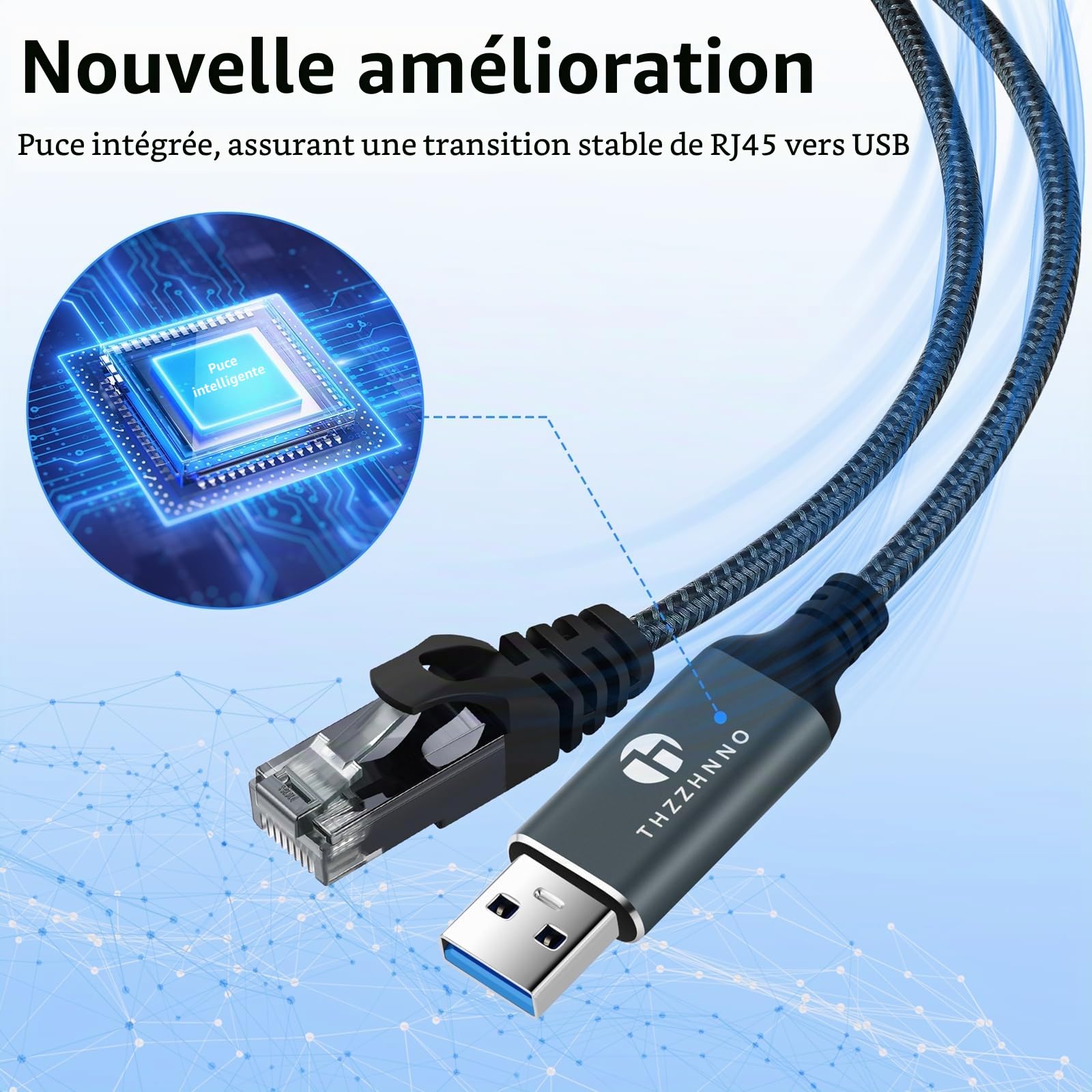 Adaptateur USB vers Ethernet 5M, USB 3.0 A vers RJ45 Mâle directement connecté au réseau LAN Gigabit, Compatible avec ordinateur portable, PC, MacBook, Switch, Windows, MacOS, Linux