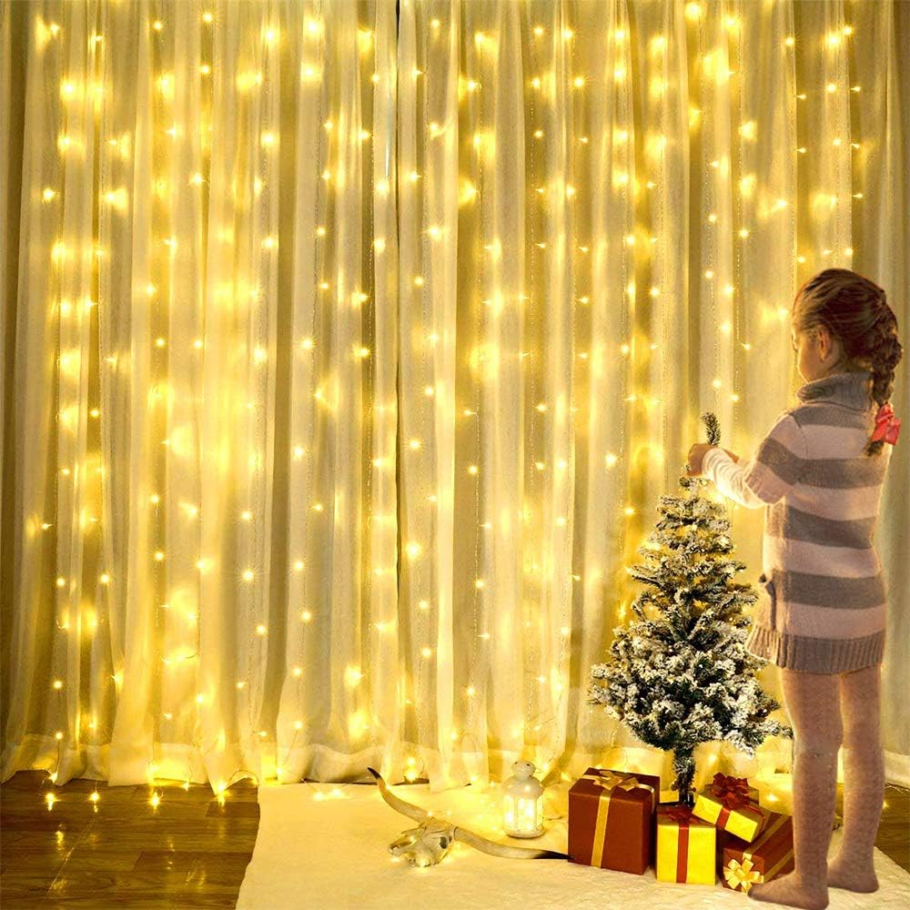 Curtain Lights USB Powered 300 LEDs 8 Modes Fairy Lights Warm White Waterproof String Lights for Bedroom, Christmas 9.8 * 9.8Ft with Hook