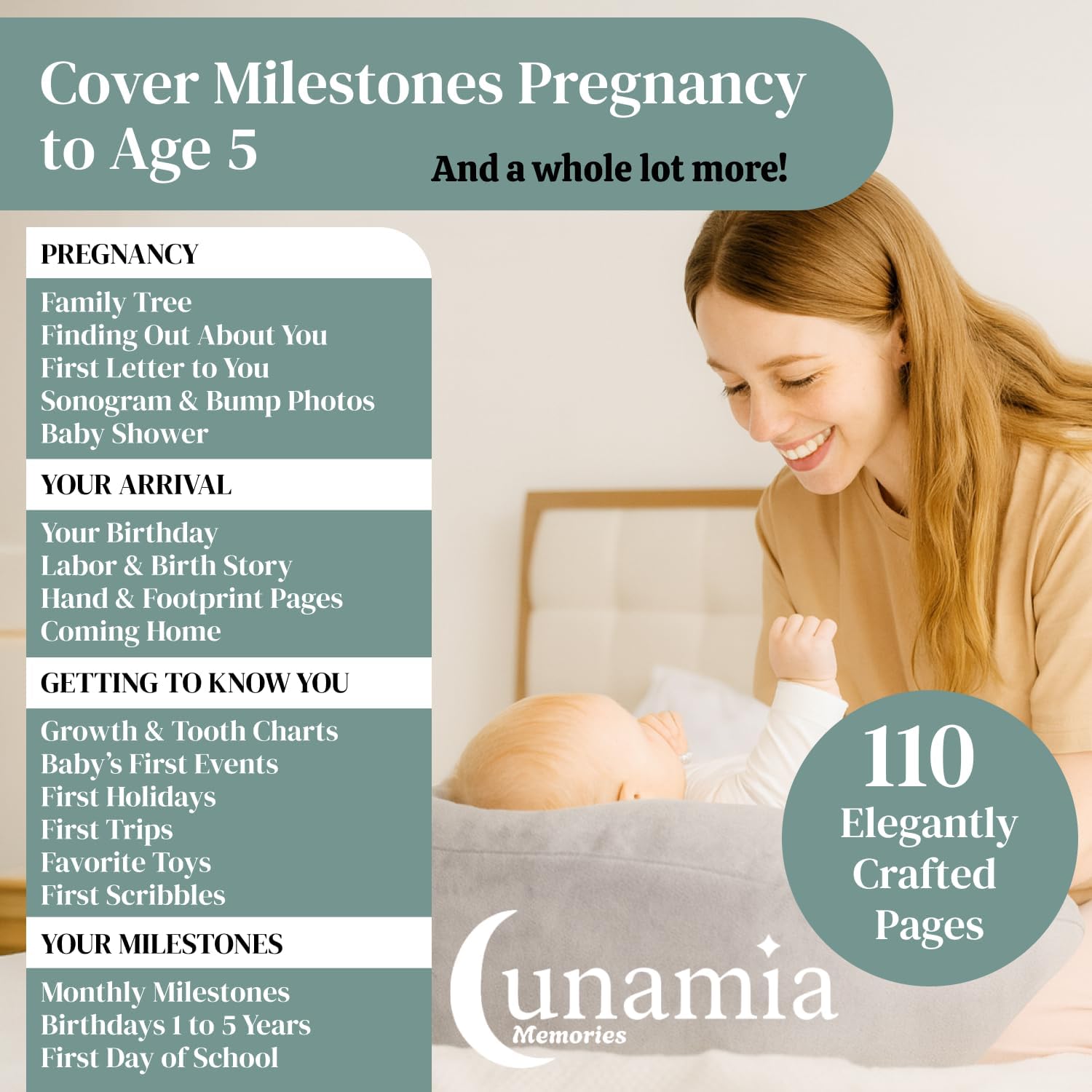 Baby Memory Book Keepsake Journal – First 5 Years, Gender Neutral, Newborn Photo Album & Milestone Book with Hand & Footprint Kit, Scrapbook Gift for Baby Shower (Green)