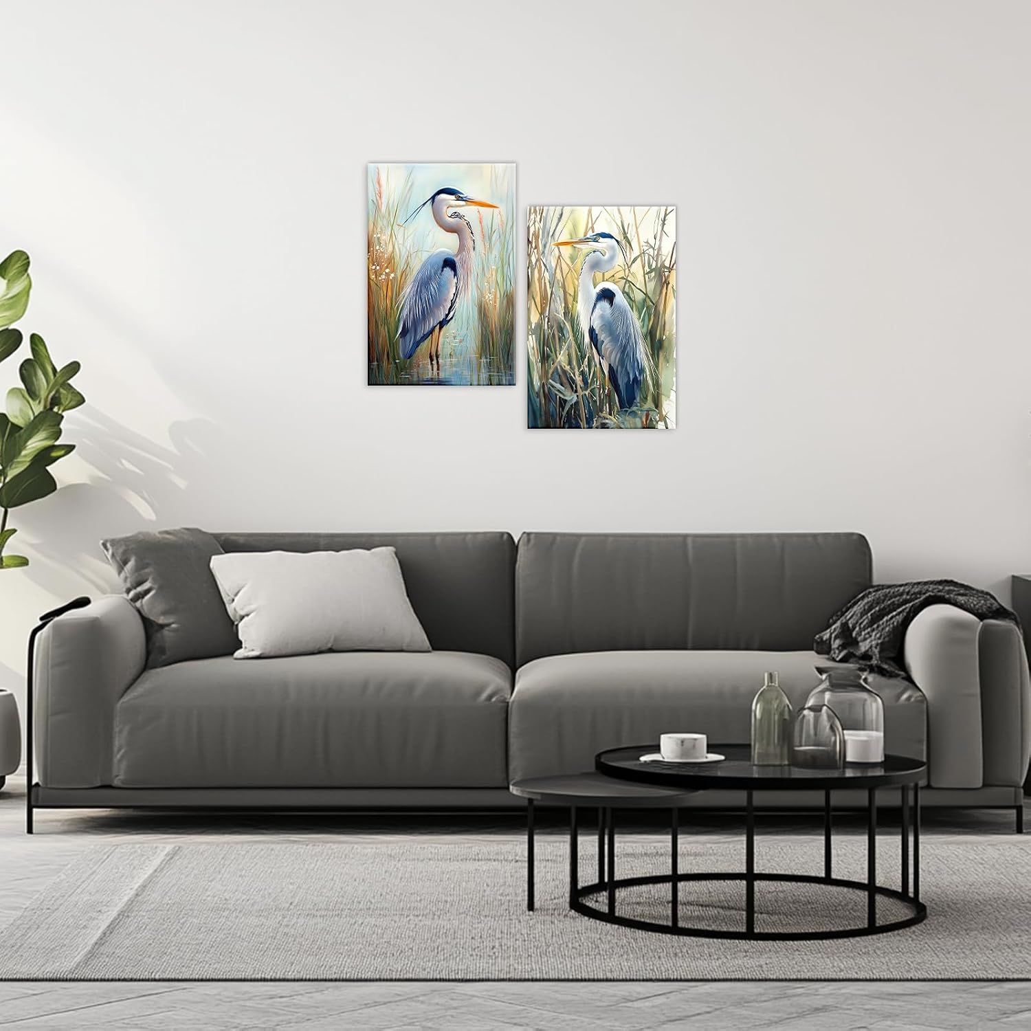 Heron Canvas Wall Art Watercolor Couple Heron Picture Print 2 Panel Birds Animal Painting Framed Artwork for Living Room Home Office Wall Decor(Artwork-1,12"x16"x2pcs)