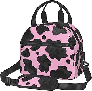 Black Pink Cow Spots Texture Lunch Bag Insulated Lunch Box Reusable Picnic Bag Sling Lunchbox Bento Container Cooler Tote Bags with Detachable Strap for Work Office Travel