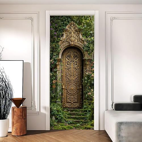 Ornate Garden Gate Door Sticker, Gold Door Cover, 30.3x78.7in |