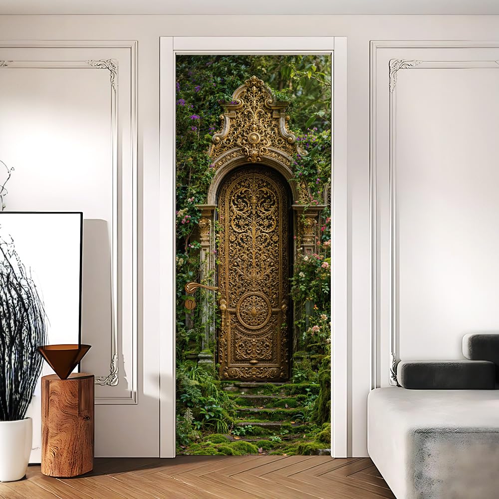 Ornate Garden Gate Door Sticker, Gold Door Cover, 30.3x78.7in