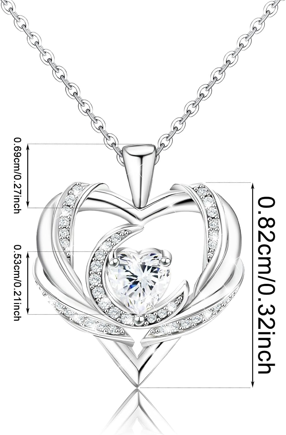 Elensan Sterling Silver Trendy Love Heart Pendant Necklace Dainty Heart with Moon CZ White Gold Plated Hypoallergenic Jewelry Fashion Chain Charms Birthday Gift for Women - Image 3