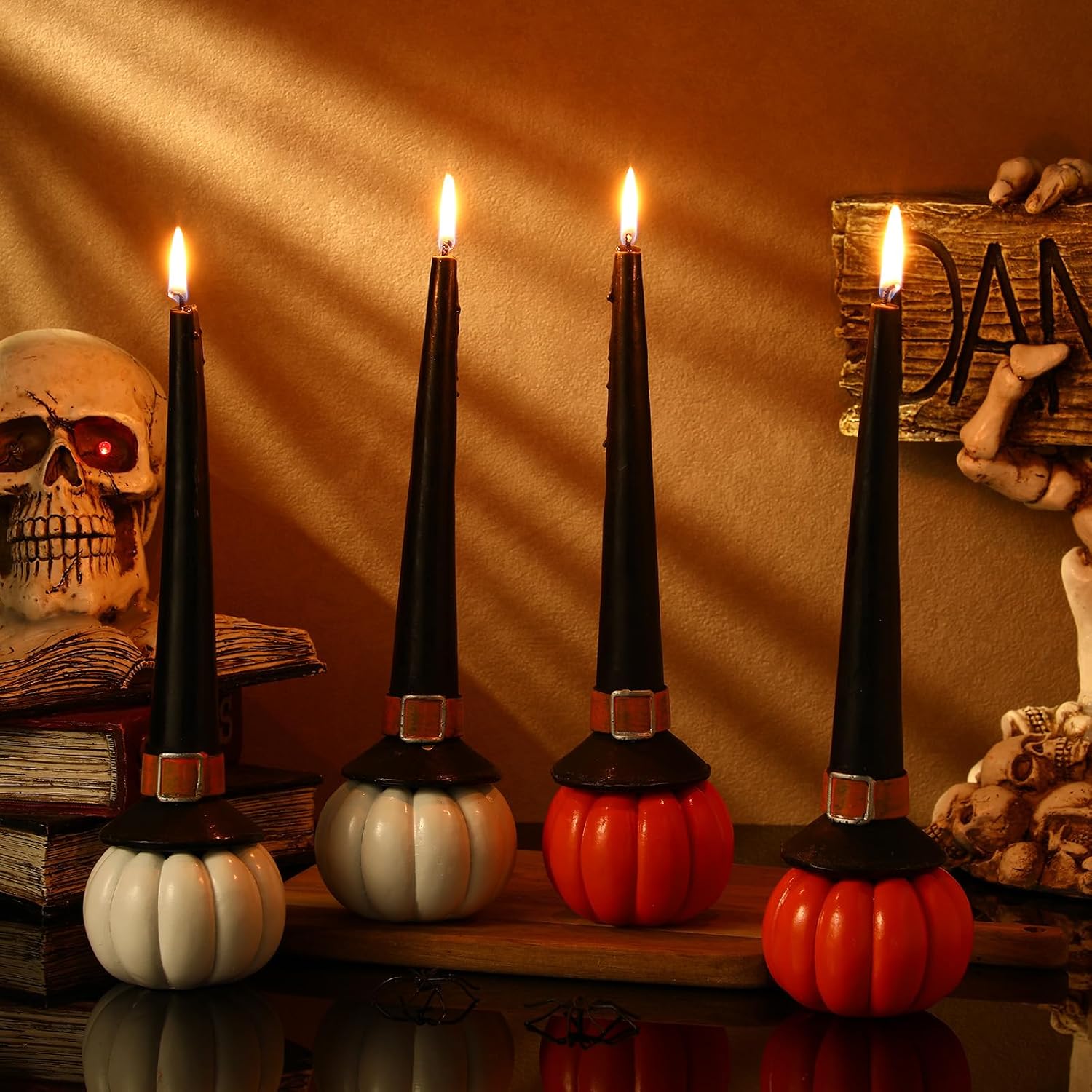 Conelist 4 Pieces Halloween Witch Hat Candles Halloween Black Taper Flickering Candles for Party Decoration Dinner Party Holiday Decor
