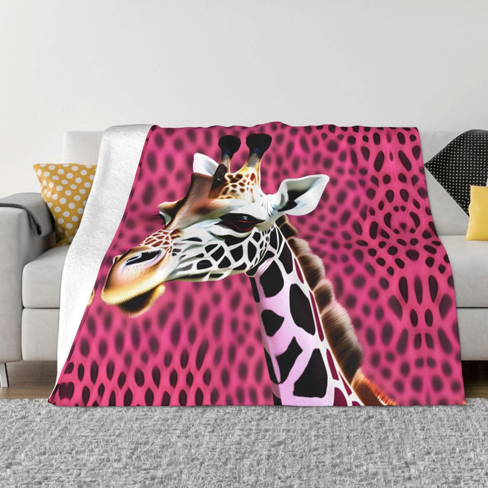 Coperta morbida e soffice con stampa con motivo giraffa rosa, flanella di lusso leggera, simpatica coperta stampata