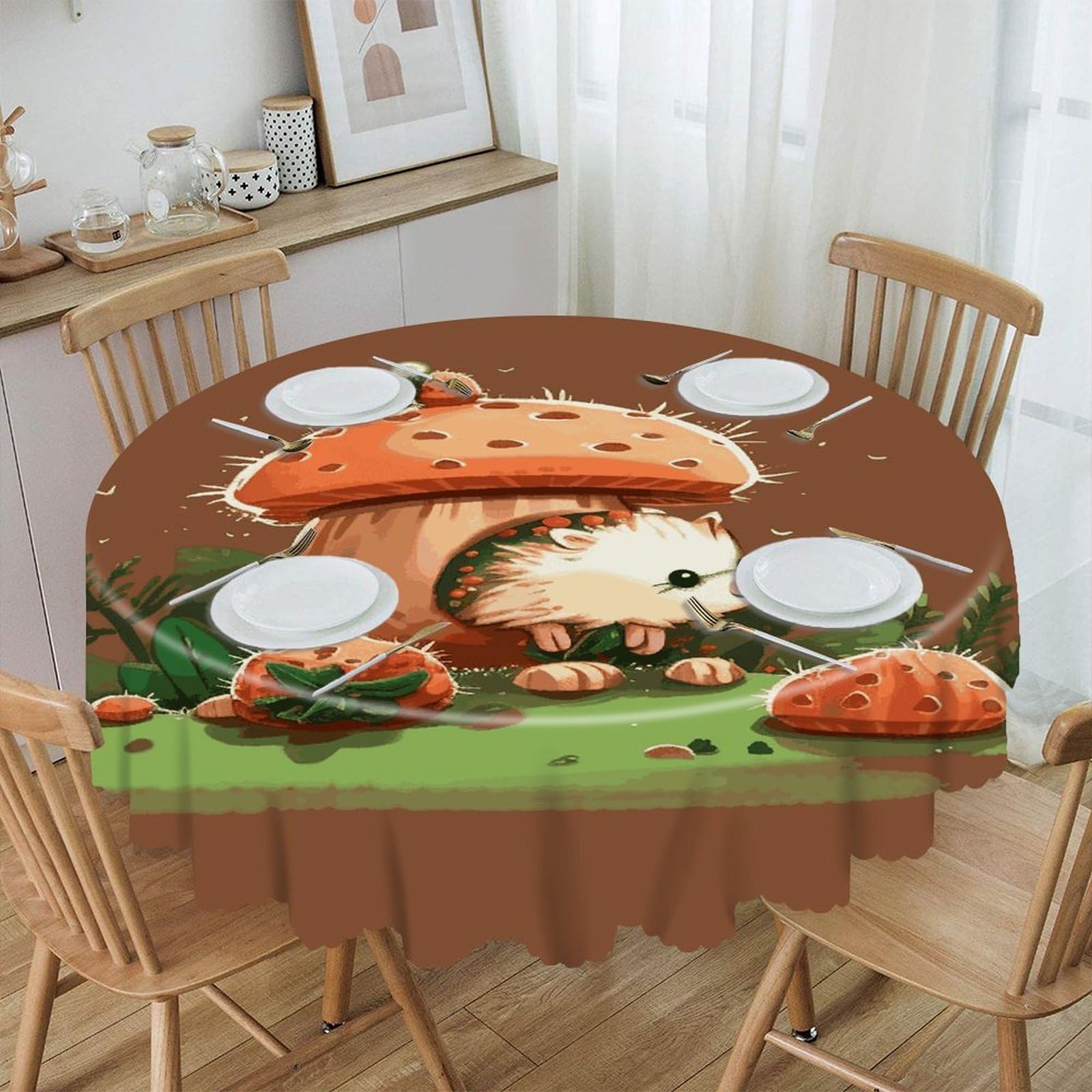 Btcowzrv Style Hedgehog And Mushroom Polyester Round Tablecloth 59.84 Inch, Decorative Washable Table Cover, Table Cloth For Restaurant Picnic Indoor And Outdoor Dining