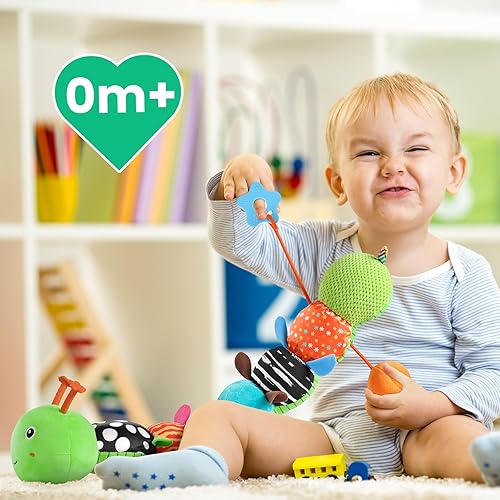 Miniatura 6 de Sumobaby Juguetes para bebés de 0 a 6 a 12 meses, juguete de peluche con espejo de bebé, cuerda de tracción y sonajero arrugado, juguetes de