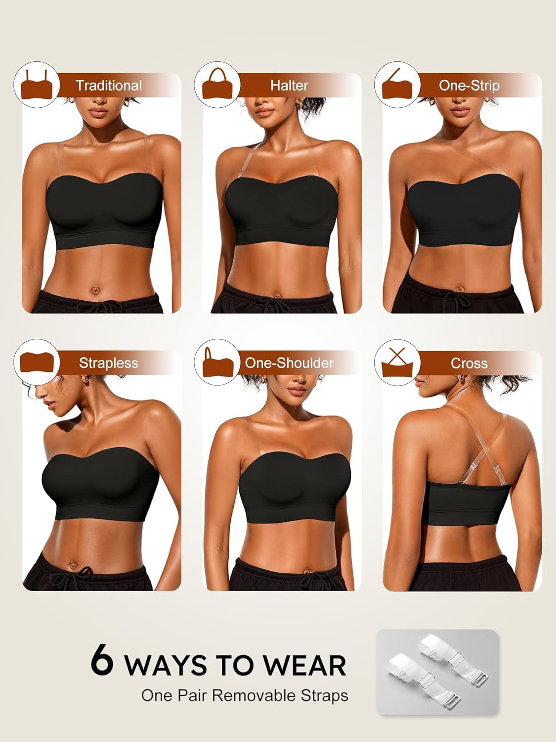 Strapless Bras for Women, S-XL, Non-Slip Silicone Padded Bandeau Bra with Free Clear Strap, Wireless Tube Top Bralette - Image 5