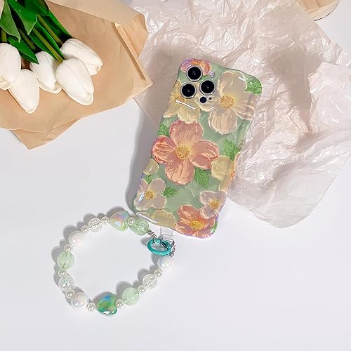Miniatura 2 de NITITOP Funda compatible con iPhone 13 Pro Max, bonita funda de pulsera con flores de aceite y correa de muñeca con cordón verde para mujeres y