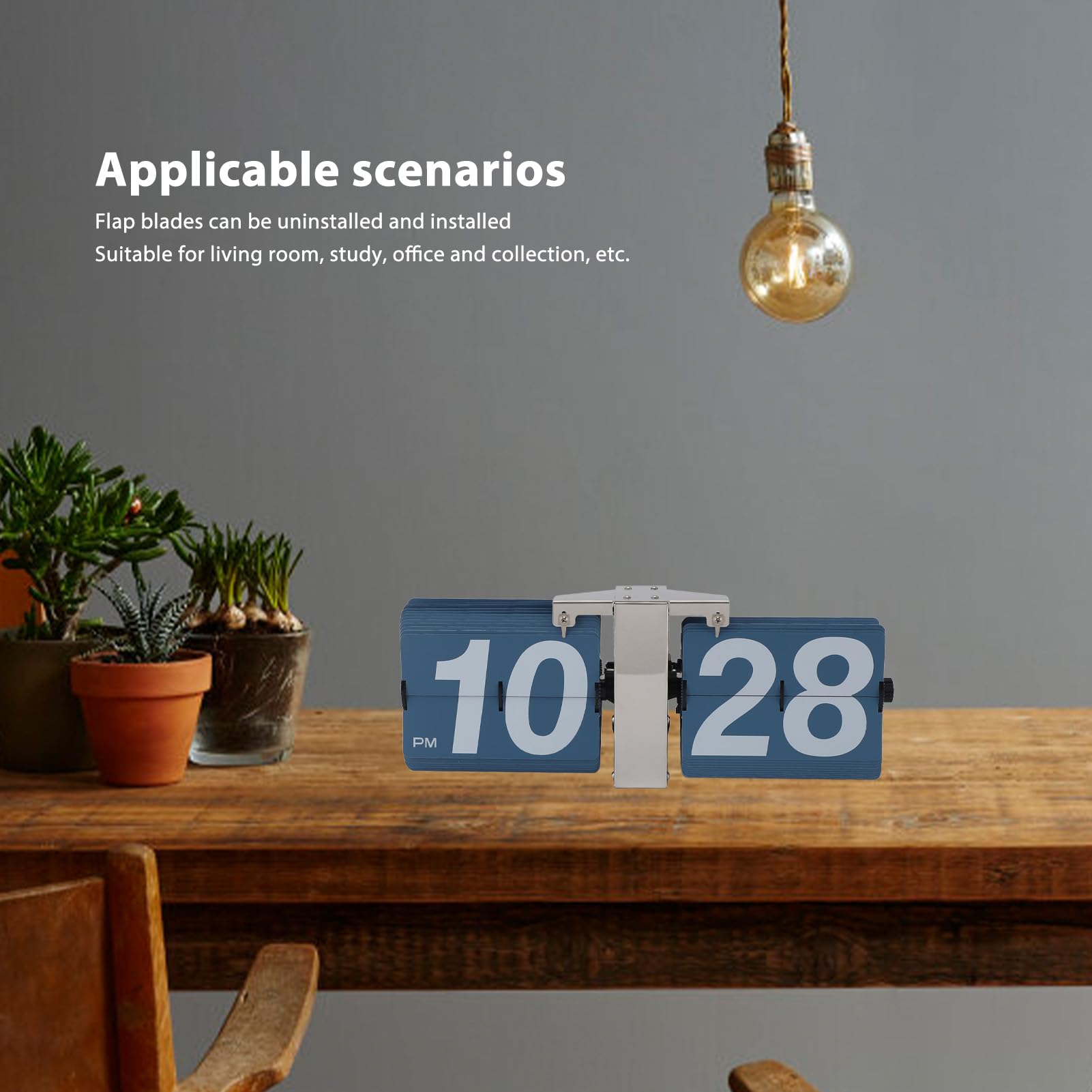Automatische Flip -Uhr -Mechanik Retro Digital Flip Down Takt Batterie Easy Lesen Sie große Zahlen Schreibtisch Wand Hanging Edelstahl PVC Wohnzimmer Büro Studie (Silberständer und Blue Flip)