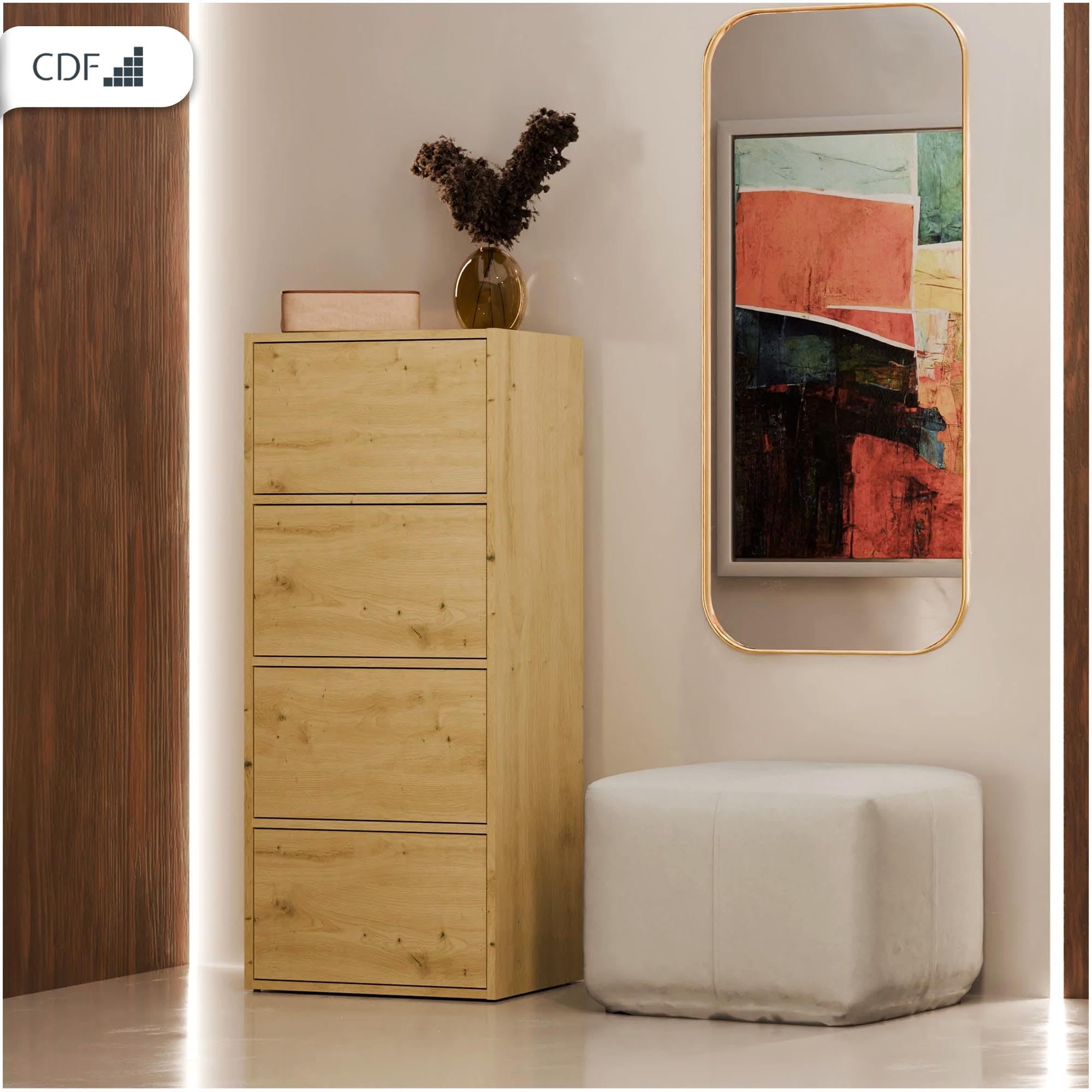 CDF Aparador Alto Armario 4 Puertas 50 cm estantes salón Dormitorio Pasillo Entrada Oficina Columna cajonera estantería Multiusos Ahorra Espacio Mueble cómoda Highboard Entrada sin Tiradores Roble