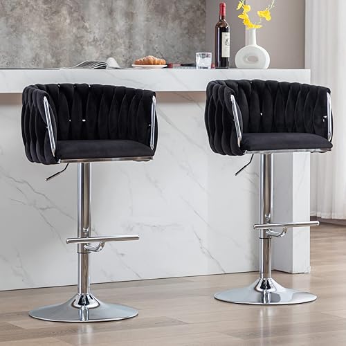 Miniatura 1 de HEAH-YO Juego de 2 taburetes de bar giratorios, taburetes de bar ajustables de altura de mostrador con respaldos tejidos y base plateada estable,