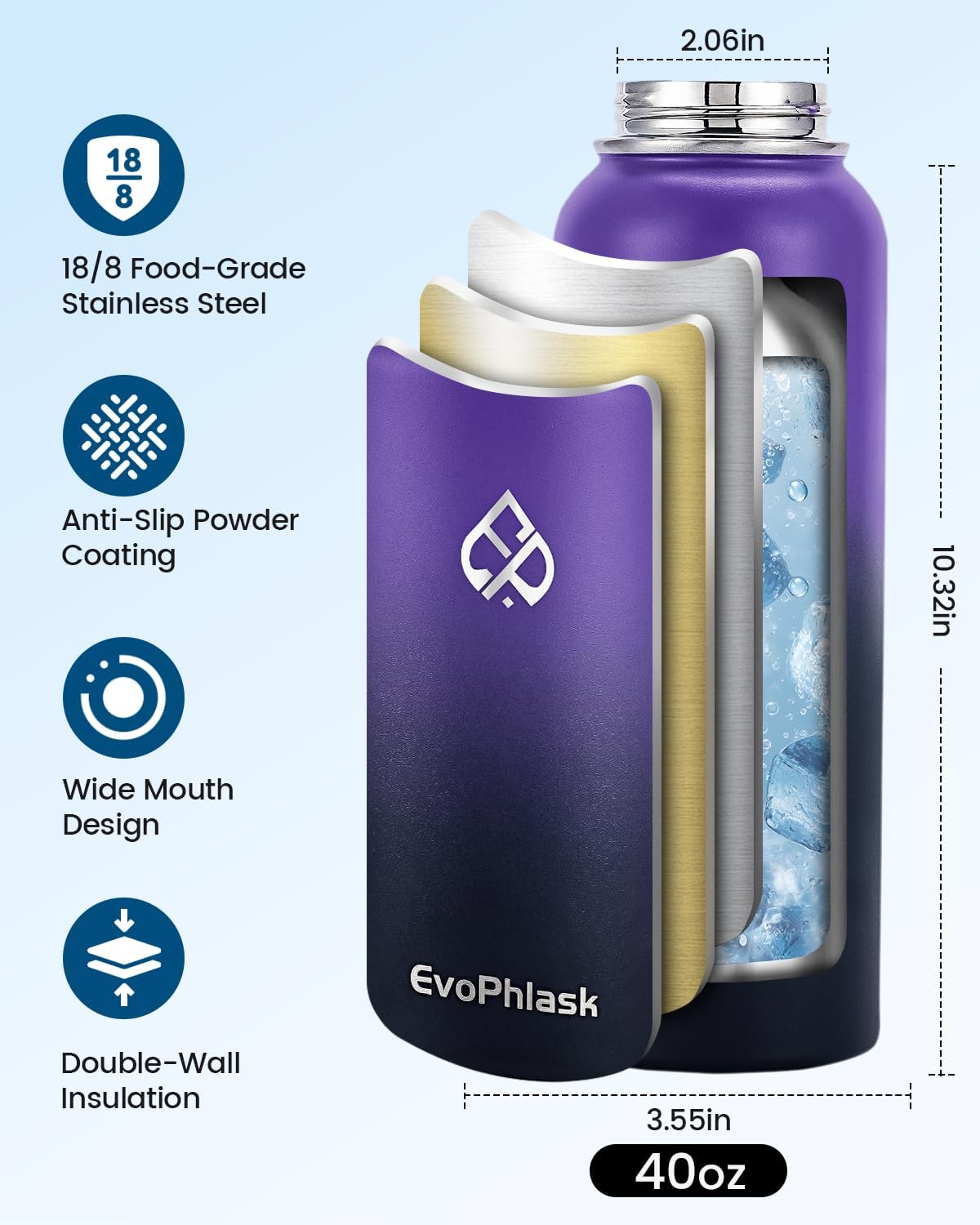 Insulated Water Bottle 40 oz, Vacuum Stainless Steel Water Bottle Keep Cold 48Hrs, Large Metal Water Jug for Travel, Sport, Gym, Hiking with Carrier Bag, Purple/Black